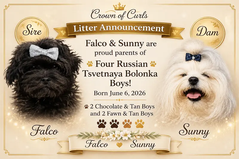 Russian Bolonka litter announcement featuring sire Falco and dam Sunny with four boys born June 6, 2026.